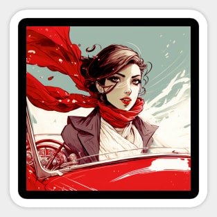 Beautiful woman driving in her convertible with a bright red scarf blowing in the wind. Sticker